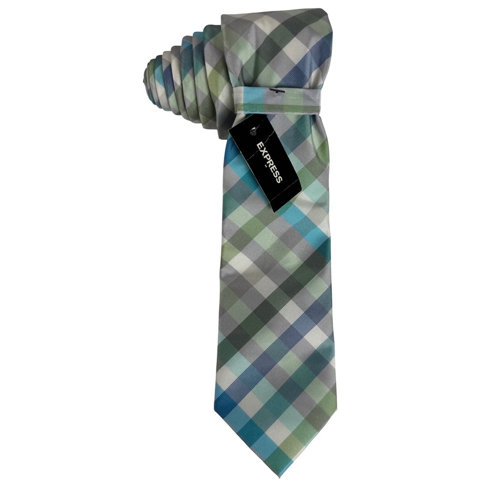 Express Mens Plaid Necktie Blue Green Grey Check Polyester New With Tags